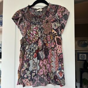 LOFT - Boho colorful print smocked yoke ruffle cap sleeve top